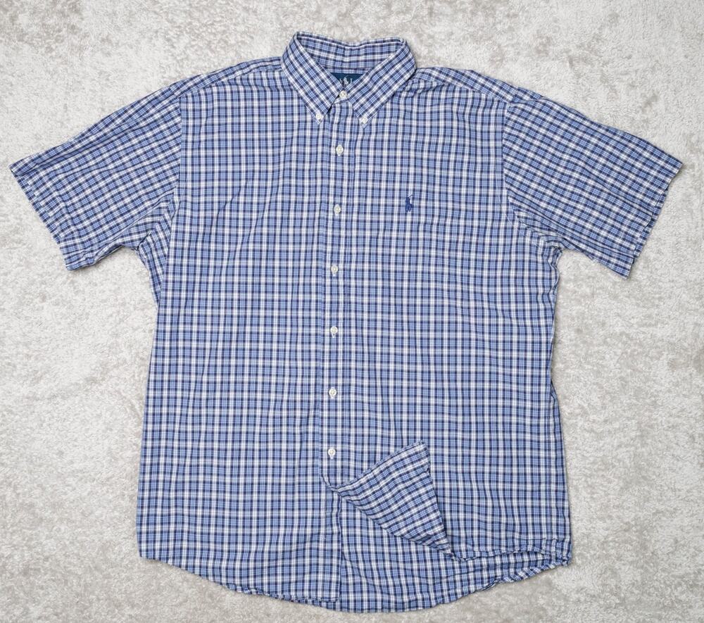 Ralph Lauren Blue White Plaid Short Sleeve Custom Fit Button Down Shirt Mens XL